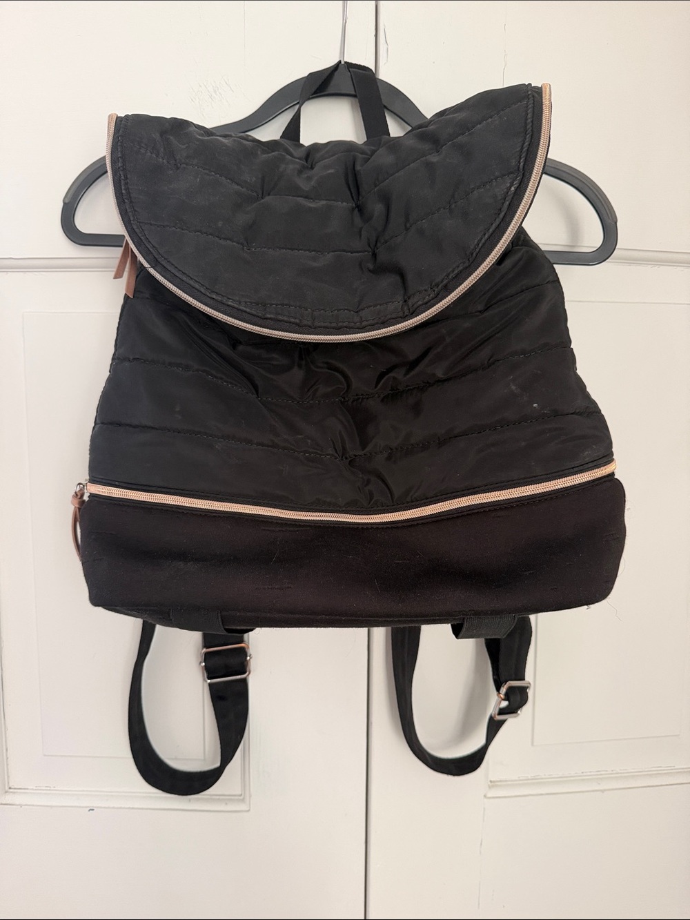Quilted Black Women's Backpack with Rose Gold Trim